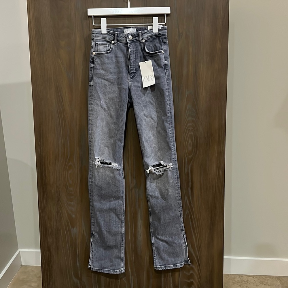 ZARA USA size 4/36 distressed gray hi-rise full length split skinny new w tags